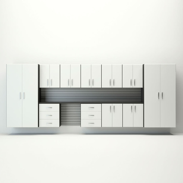 15 Piece Slatwall Panel, Jumbo Cabinet & Workstation Storage Set - Silver Slatwall / White Cabinets
