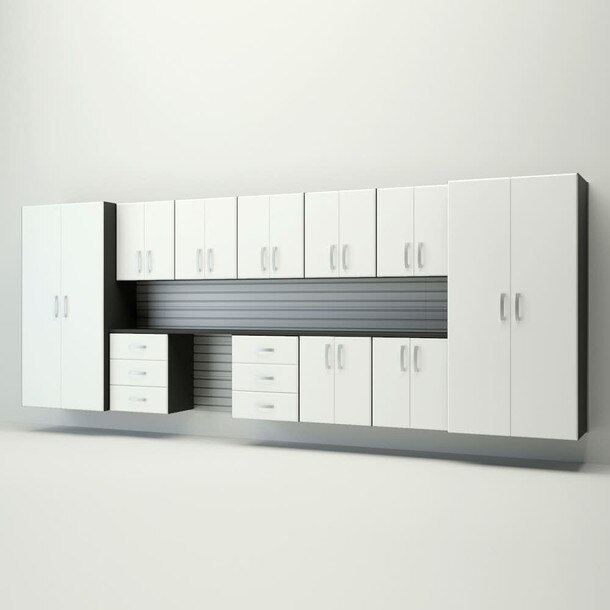 15 Piece Slatwall Panel, Jumbo Cabinet & Workstation Storage Set - Silver Slatwall / White Cabinets