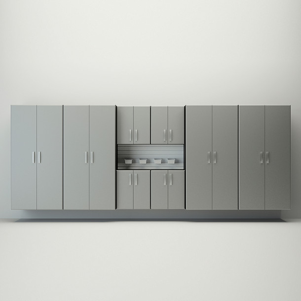 13 Piece Slatwall Panel, Jumbo Cabinet & Bin Storage Set - White Slatwall / Silver Cabinets