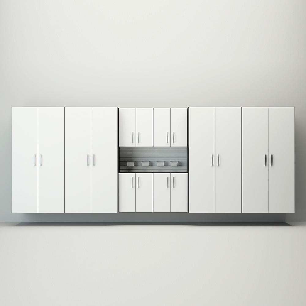 13 Piece Slatwall Panel; Jumbo Cabinet; Bin Storage Set - White Slatwall / White Cabinets