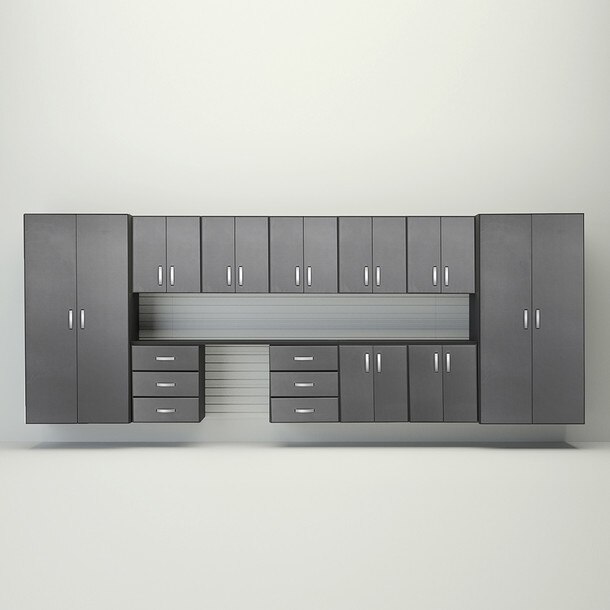 15 Piece Slatwall Panel, Jumbo Cabinet & Workstation Storage Set - White Slatwall / Graphite Carbon Cabinets