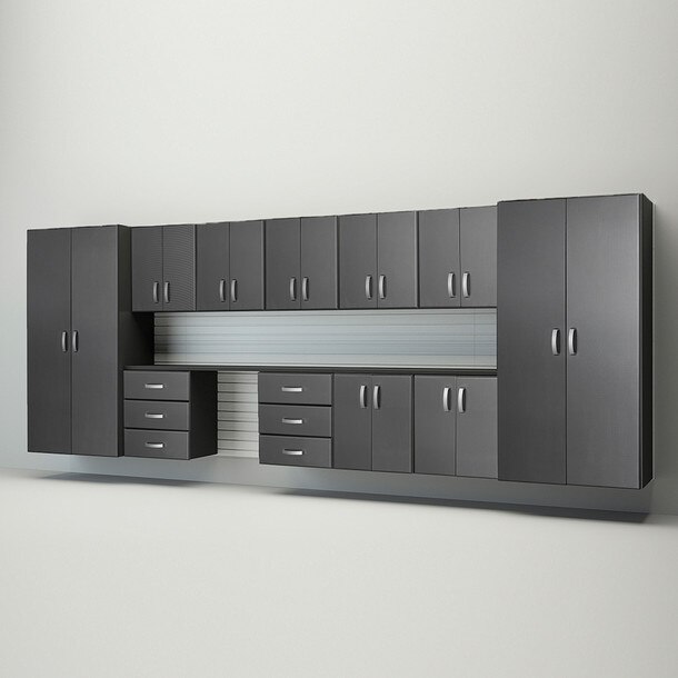 15 Piece Slatwall Panel, Jumbo Cabinet & Workstation Storage Set - White Slatwall / Graphite Carbon Cabinets