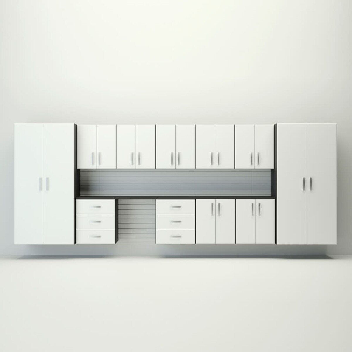 15 Piece Slatwall Panel, Jumbo Cabinet & Workstation Storage Set - White Slatwall / White Cabinets