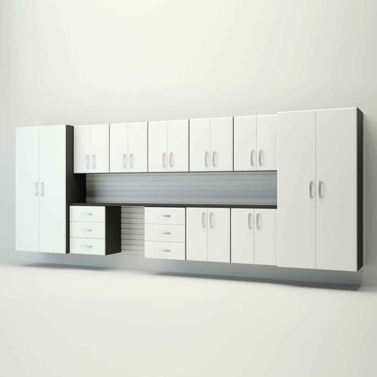 15 Piece Slatwall Panel, Jumbo Cabinet & Workstation Storage Set - White Slatwall / White Cabinets