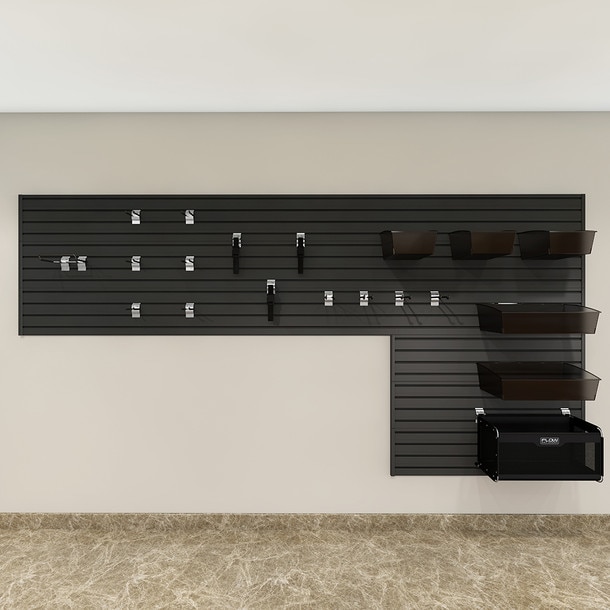 21 Piece Slatwall Panel, Bin & Hook Storage Set - Black Slatwall