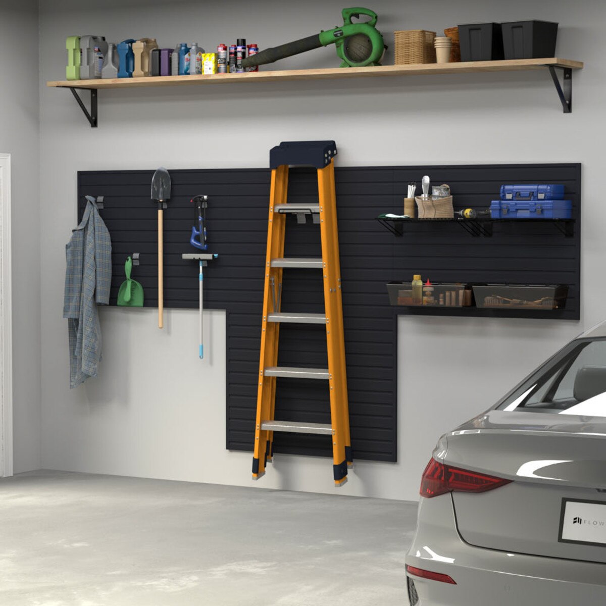 12 Piece Slatwall Panel, Shelf, Bin & Hook Storage Set - Black Slatwall