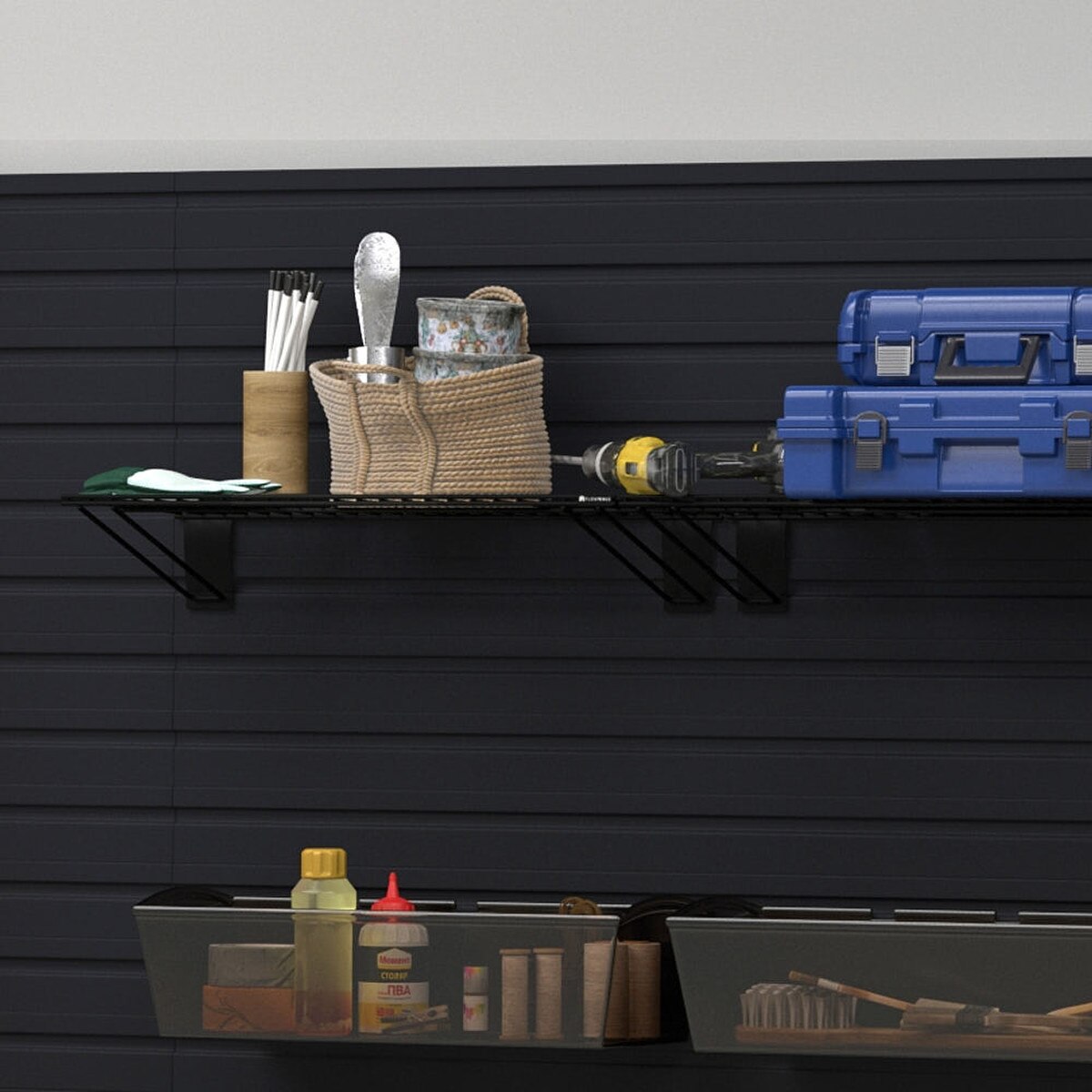 12 Piece Slatwall Panel, Shelf, Bin & Hook Storage Set - Black Slatwall