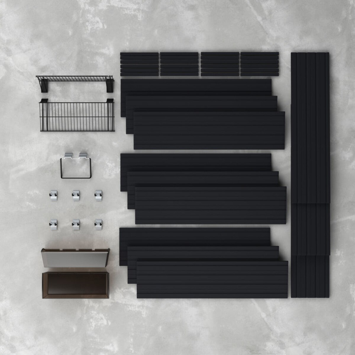 12 Piece Slatwall Panel, Shelf, Bin & Hook Storage Set - Black Slatwall