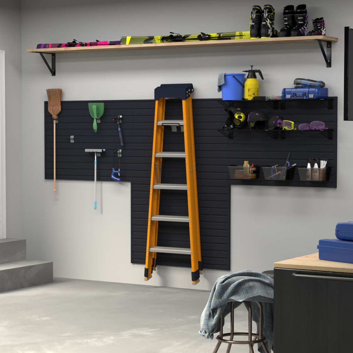 15 Piece Slatwall Panel, Shelf, Medium Bin & Hook Storage Set - Black Slatwall