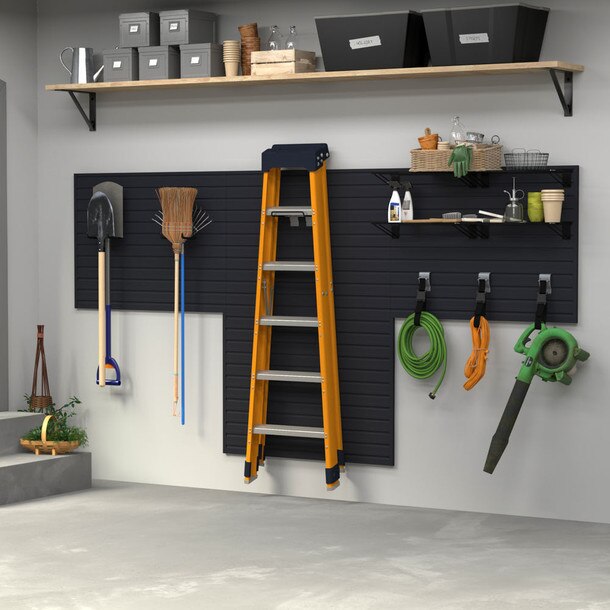 11 Piece Slatwall Panel, Shelf & Hook Storage Set - Black Slatwall