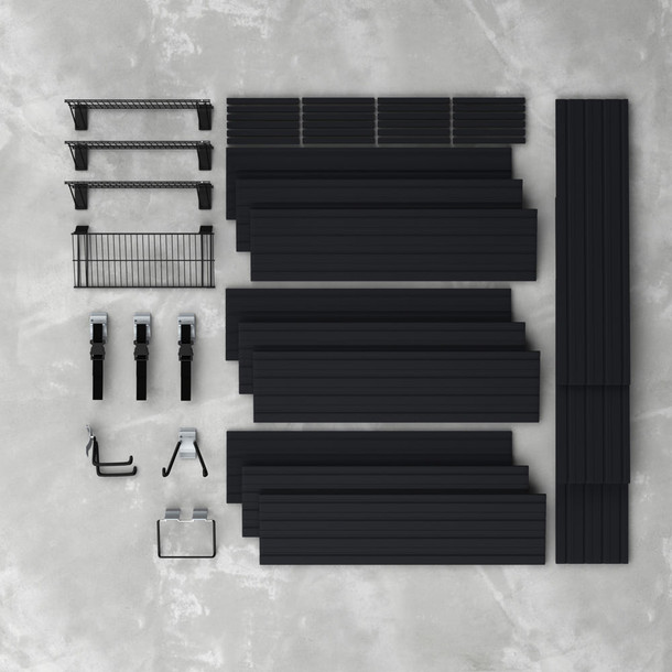 11 Piece Slatwall Panel, Shelf & Hook Storage Set - Black Slatwall