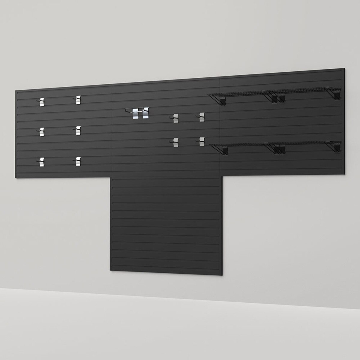 16 Piece Slatwall Panel, Shelf & Hook Storage Set - Black Slatwall