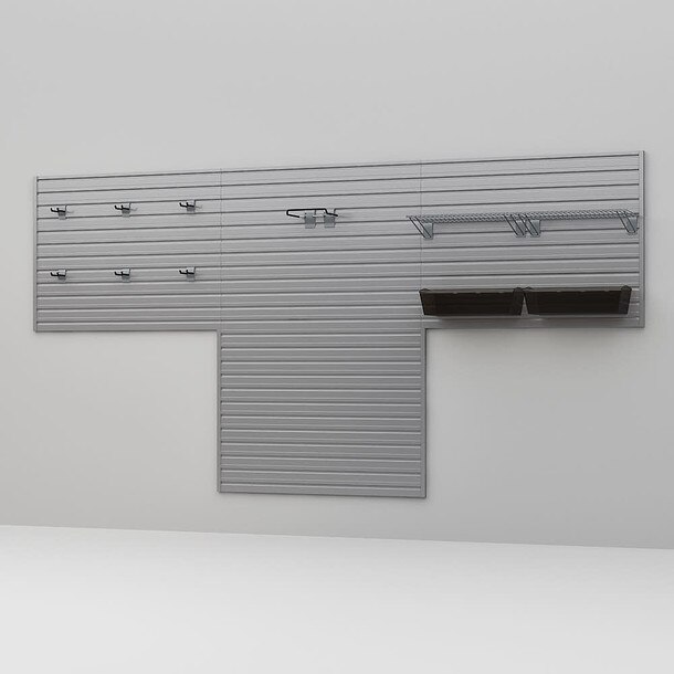 12 Piece Slatwall Panel, Shelf, Bin & Hook Storage Set - Silver Slatwall