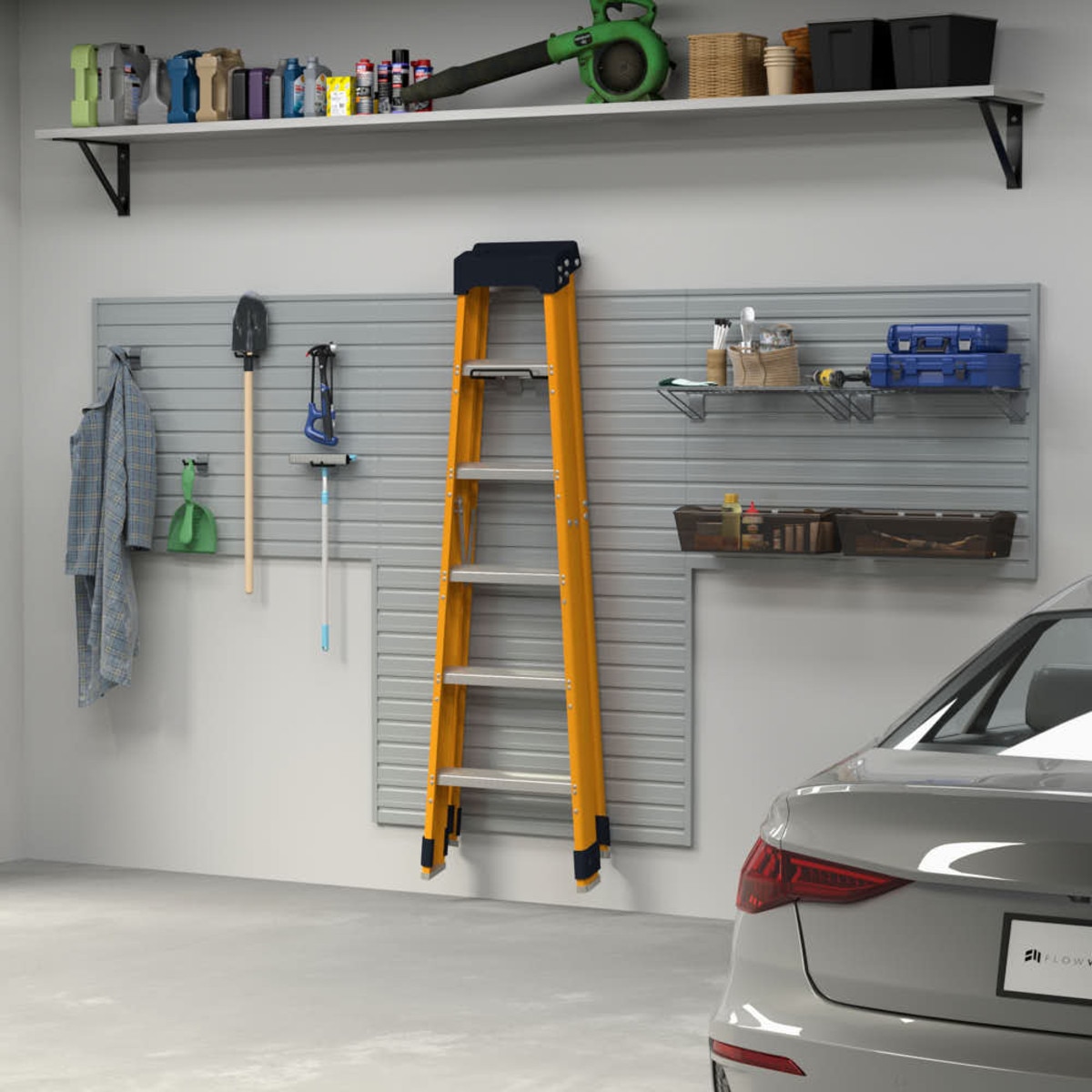 12 Piece Slatwall Panel, Shelf, Bin & Hook Storage Set - Silver Slatwall