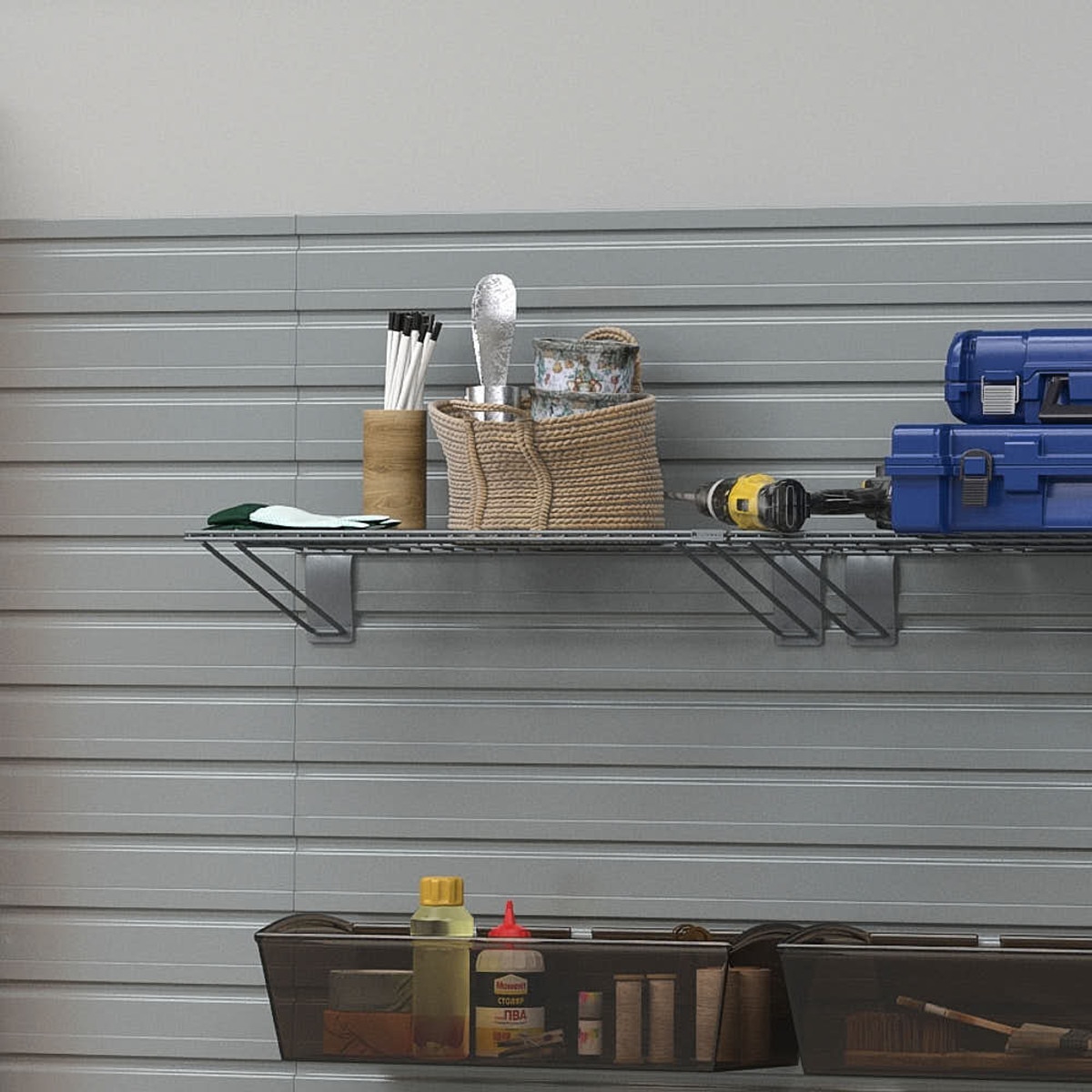 12 Piece Slatwall Panel, Shelf, Bin & Hook Storage Set - Silver Slatwall