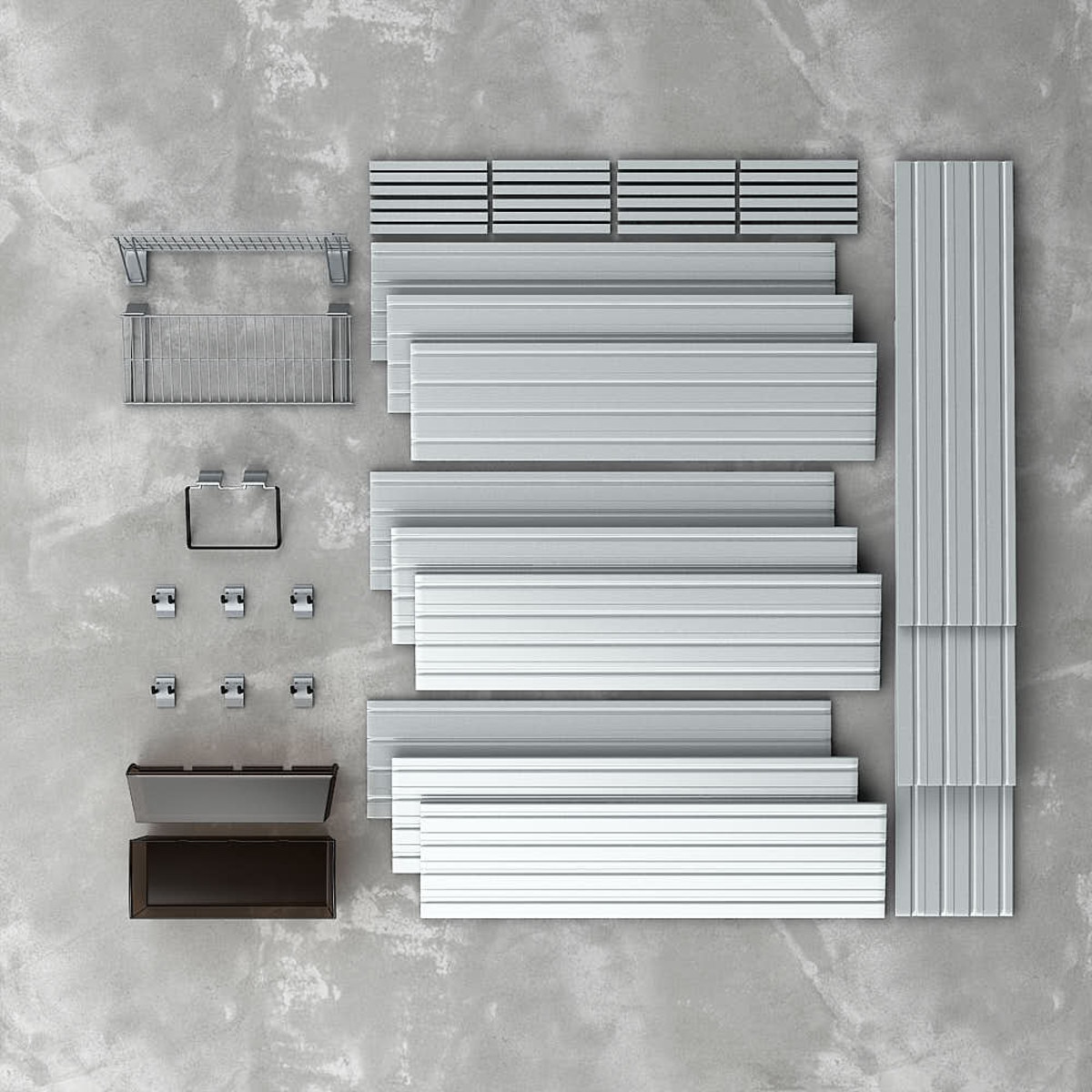 12 Piece Slatwall Panel, Shelf, Bin & Hook Storage Set - Silver Slatwall