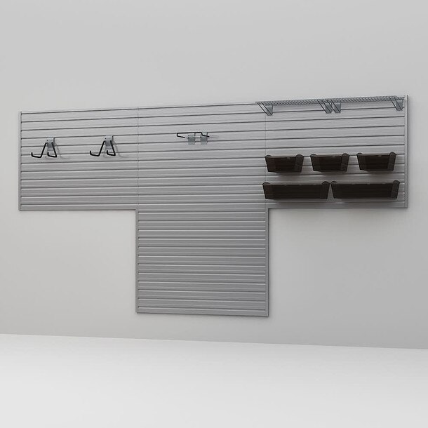 11 Piece Slatwall Panel, Shelf, Bin & Hook Storage Set - Silver Slatwall