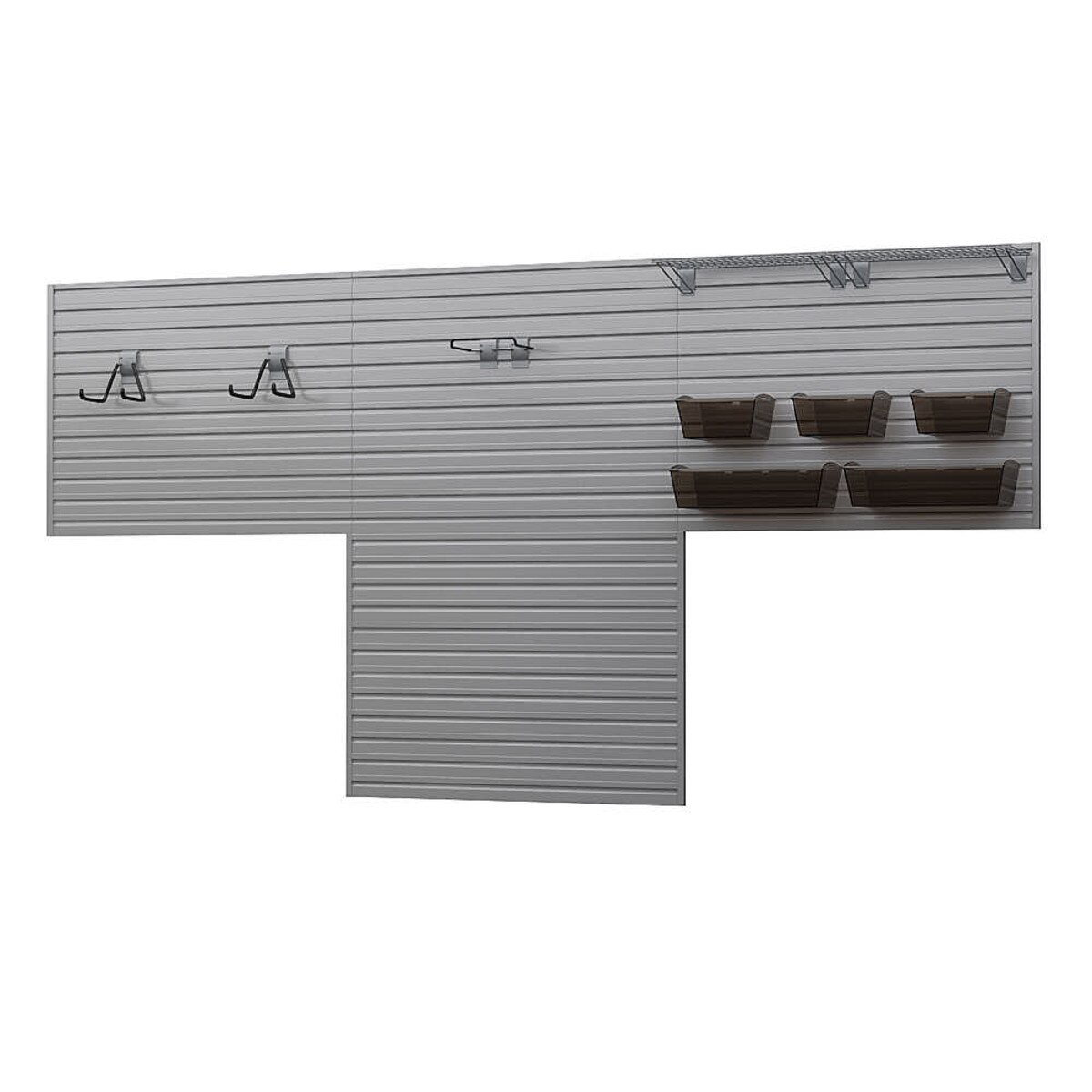 11 Piece Slatwall Panel, Shelf, Bin & Hook Storage Set - Silver Slatwall