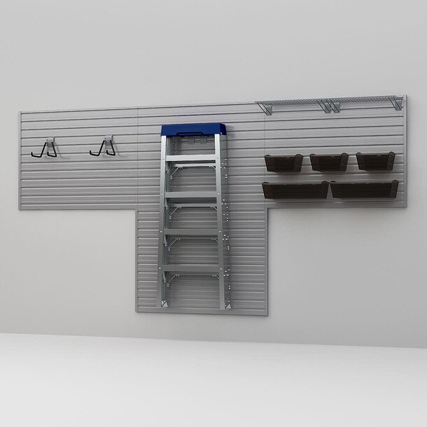 11 Piece Slatwall Panel, Shelf, Bin & Hook Storage Set - Silver Slatwall