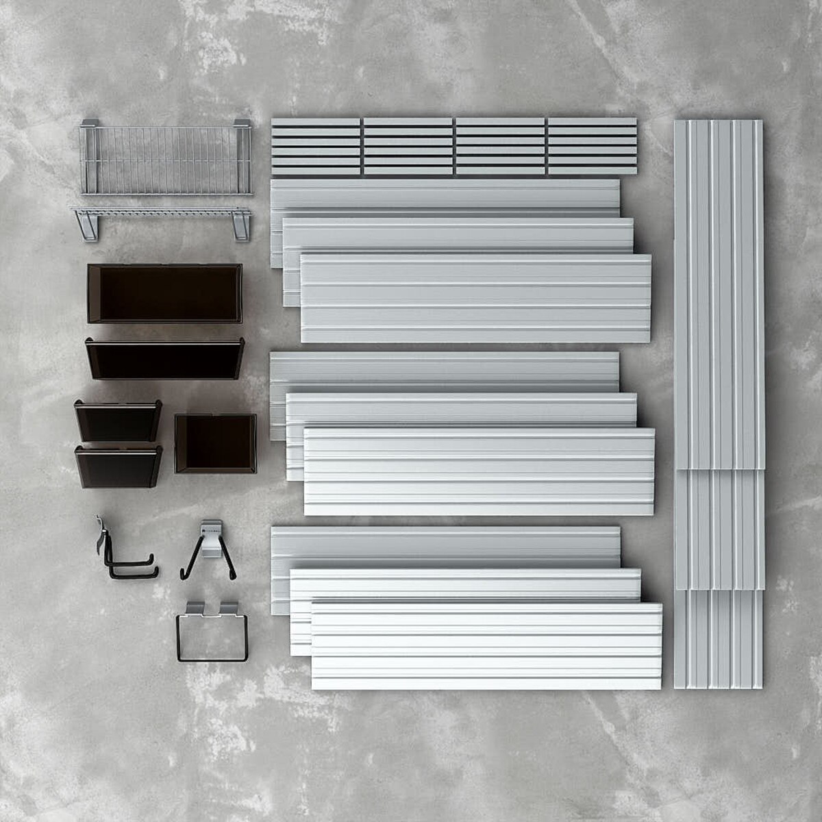 11 Piece Slatwall Panel, Shelf, Bin & Hook Storage Set - Silver Slatwall