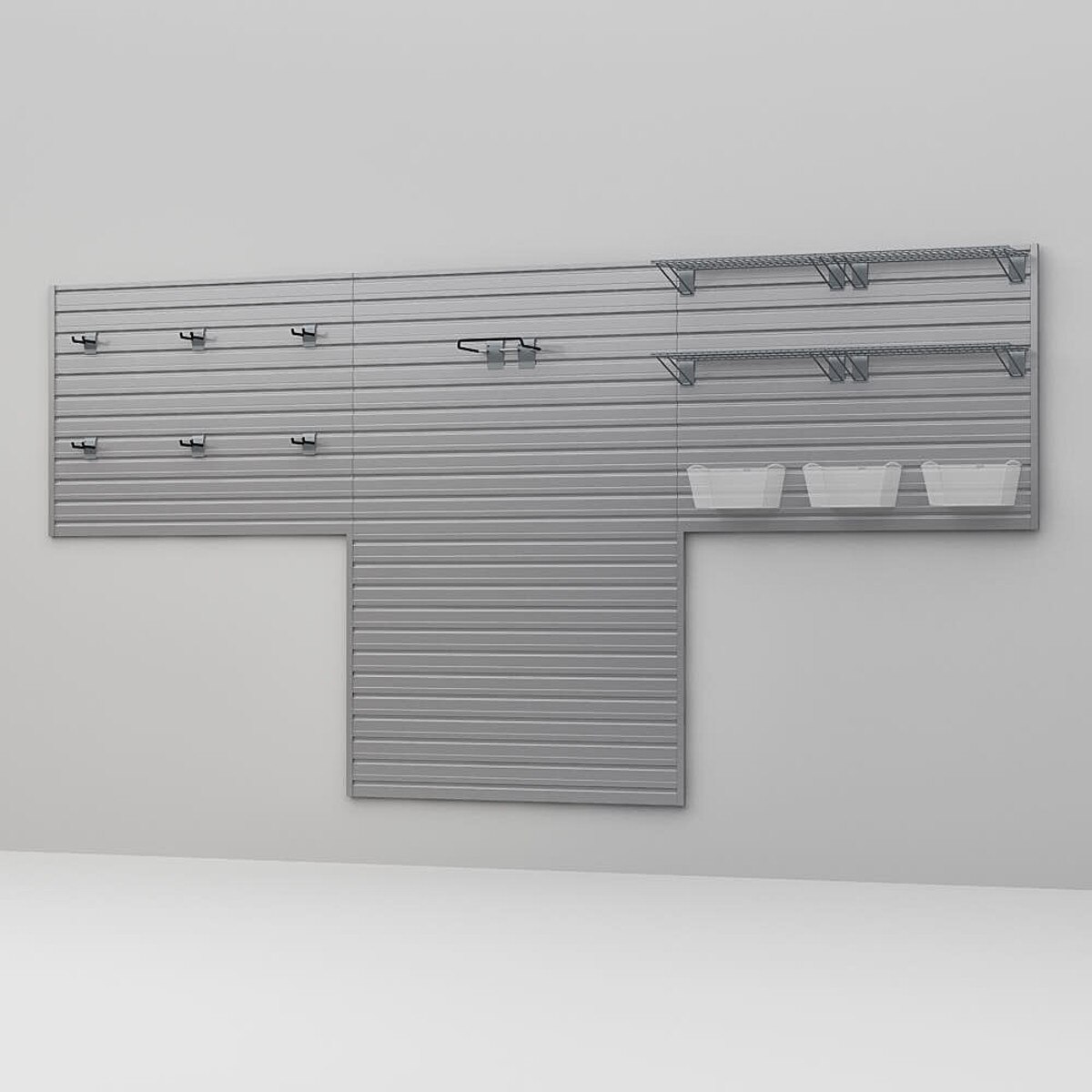 15 Piece Slatwall Panel, Shelf, Medium Bin & Hook Storage Set - Silver Slatwall