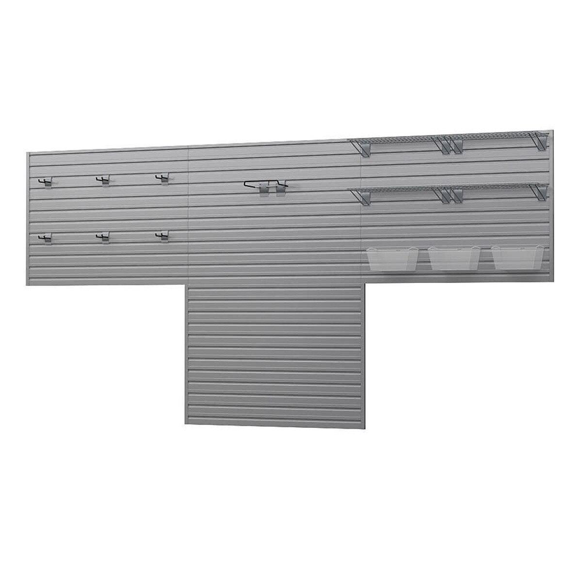 15 Piece Slatwall Panel, Shelf, Medium Bin & Hook Storage Set - Silver Slatwall