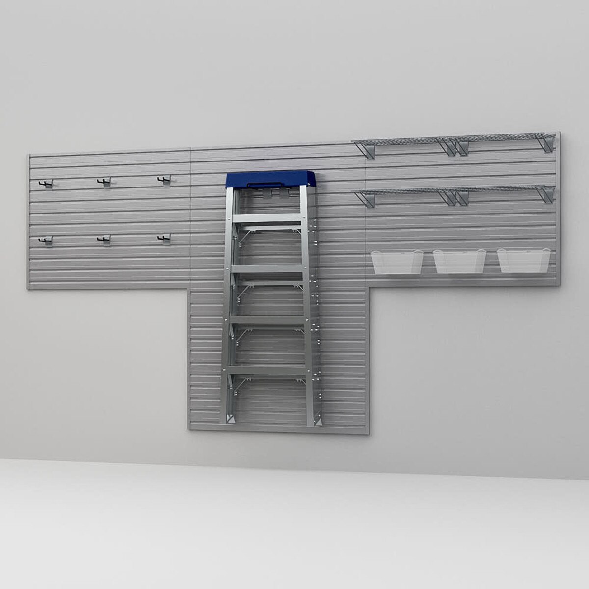 15 Piece Slatwall Panel, Shelf, Medium Bin & Hook Storage Set - Silver Slatwall