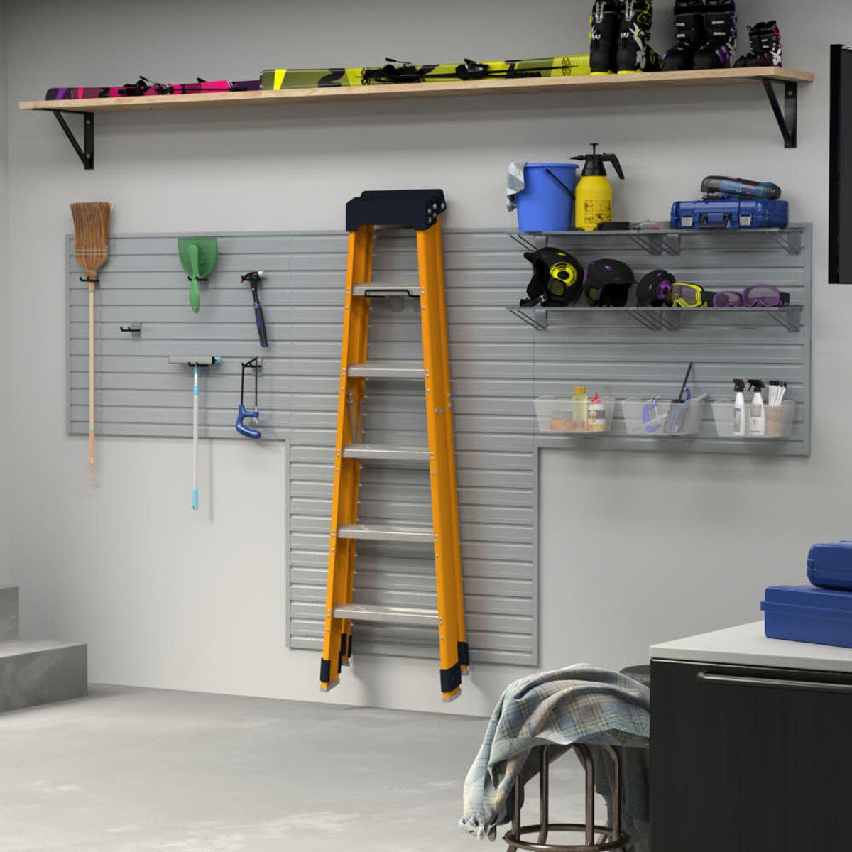 15 Piece Slatwall Panel, Shelf, Medium Bin & Hook Storage Set - Silver Slatwall