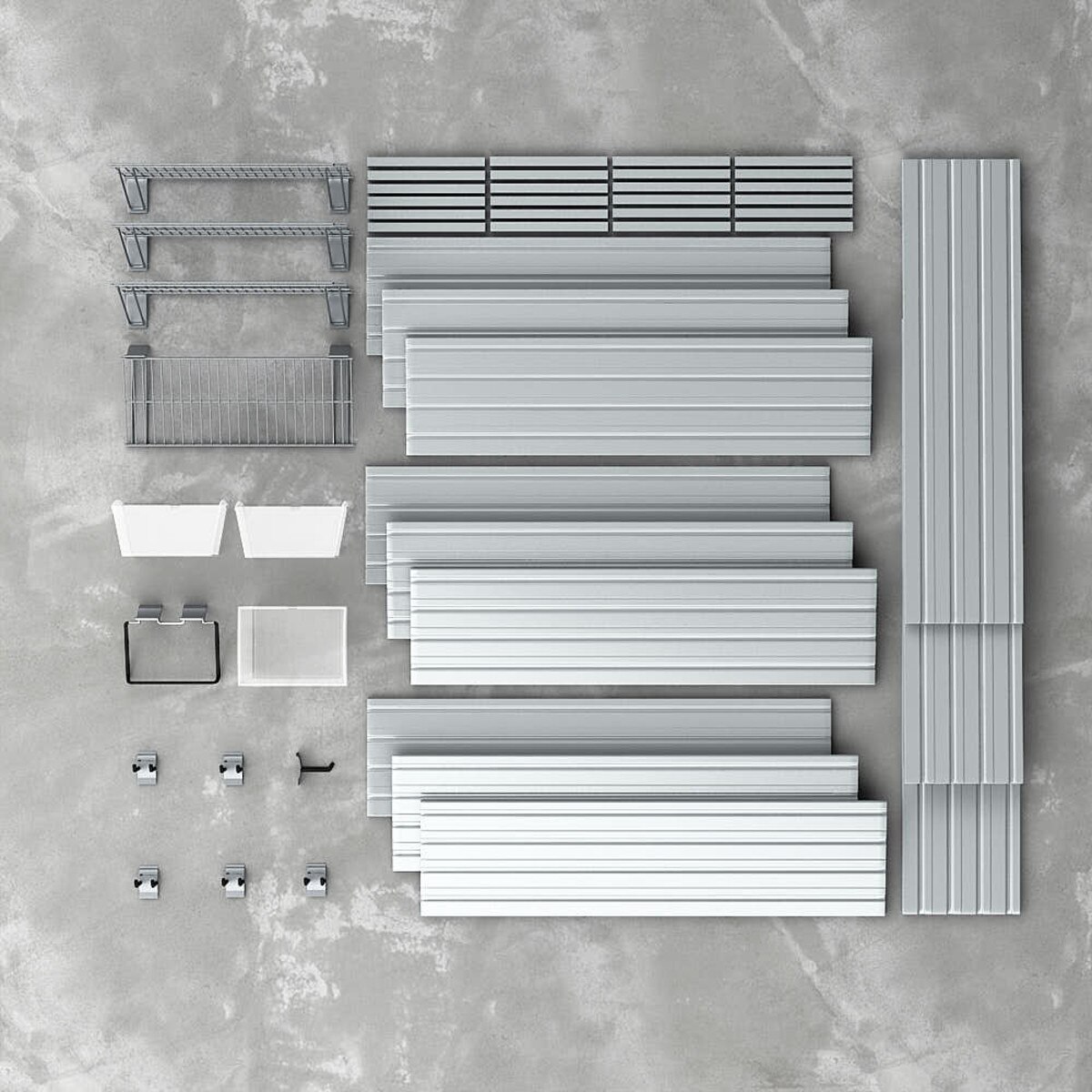 15 Piece Slatwall Panel, Shelf, Medium Bin & Hook Storage Set - Silver Slatwall