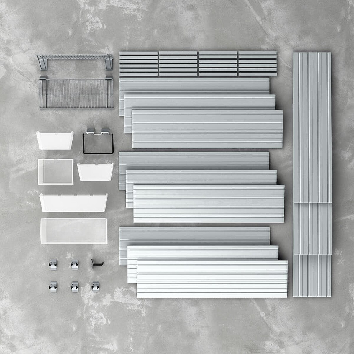 15 Piece Slatwall Panel, Bin, Shelf & Hook Storage Set - Silver Slatwall