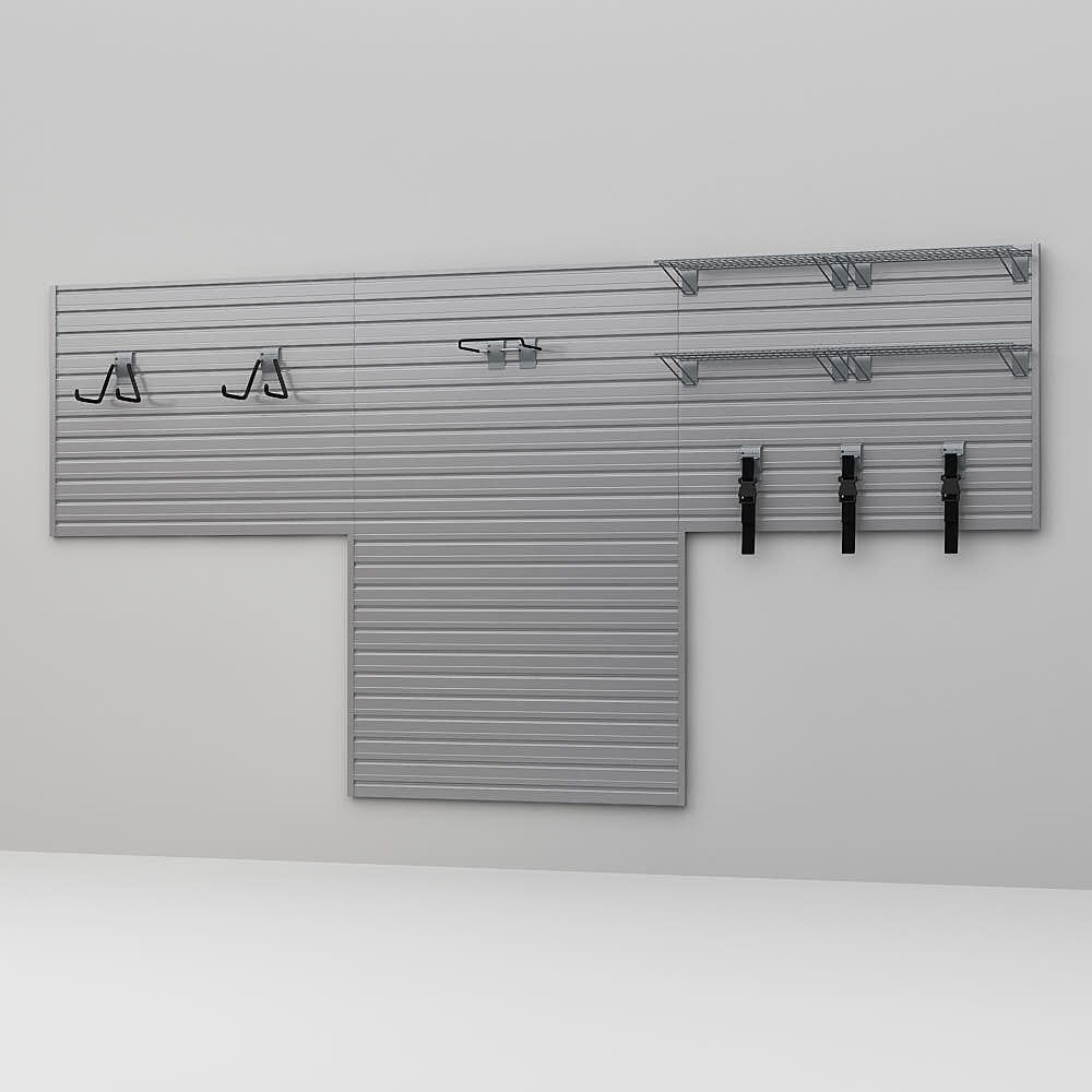 11 Piece Slatwall Panel; Shelf; Hook Storage Set - Silver Slatwall