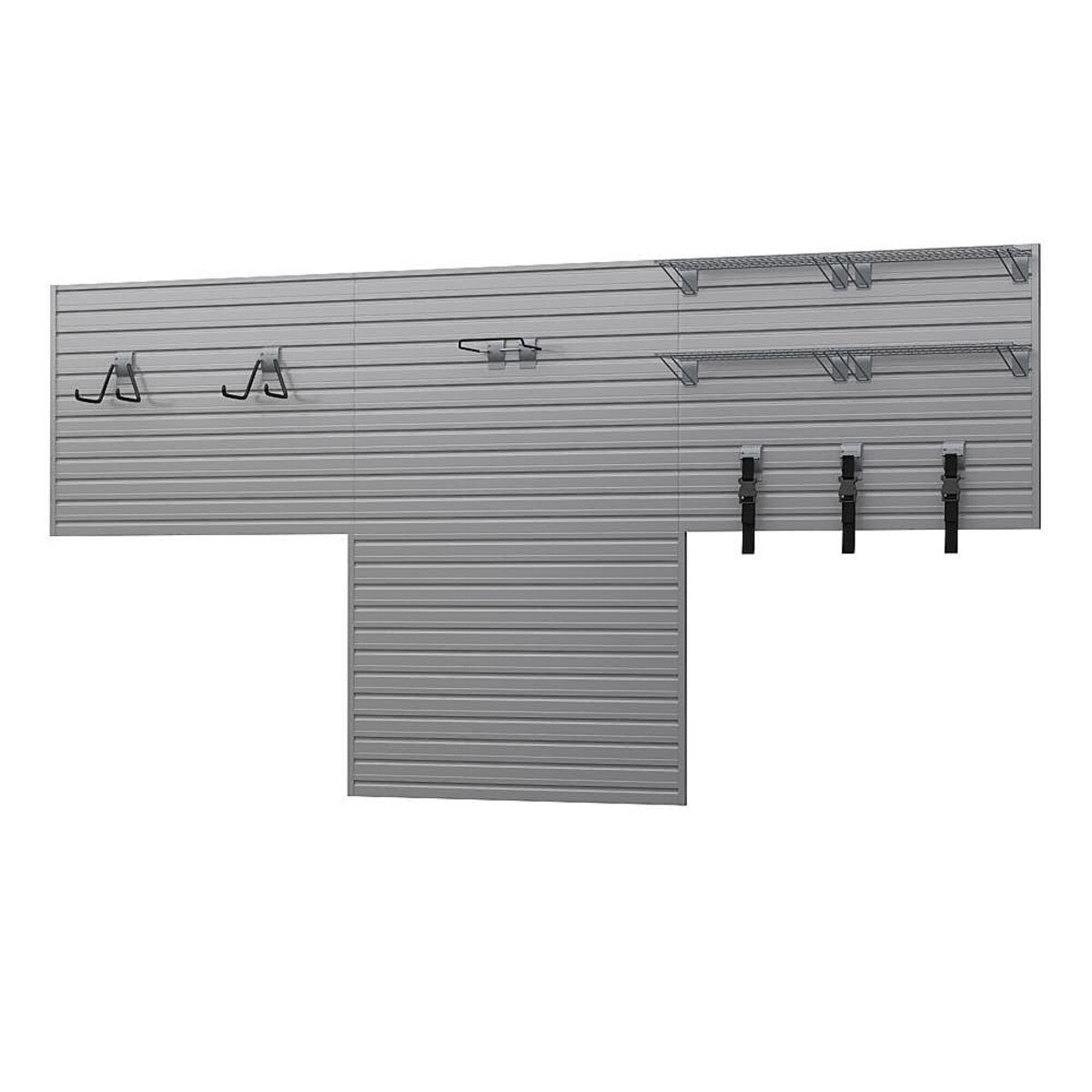 11 Piece Slatwall Panel, Shelf, Hook Storage Set - Silver Slatwall