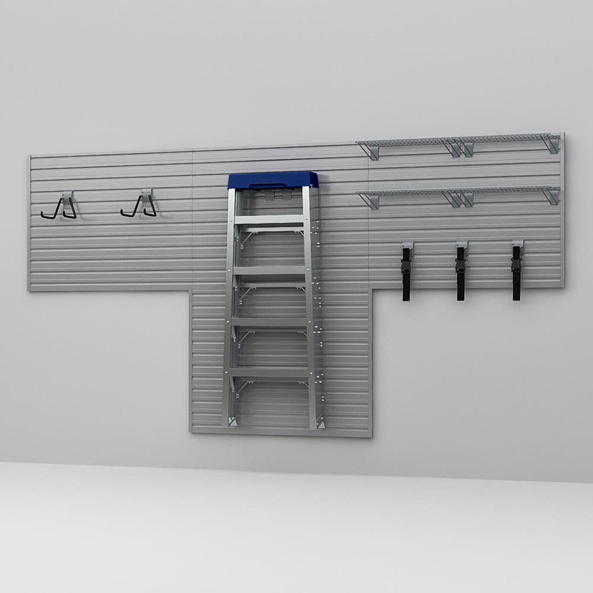 11 Piece Slatwall Panel, Shelf, Hook Storage Set - Silver Slatwall