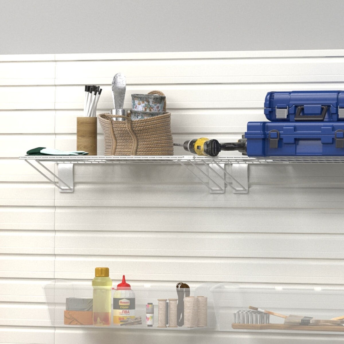 12 Piece Slatwall Panel, Shelf, Bin & Hook Storage Set - White Slatwall