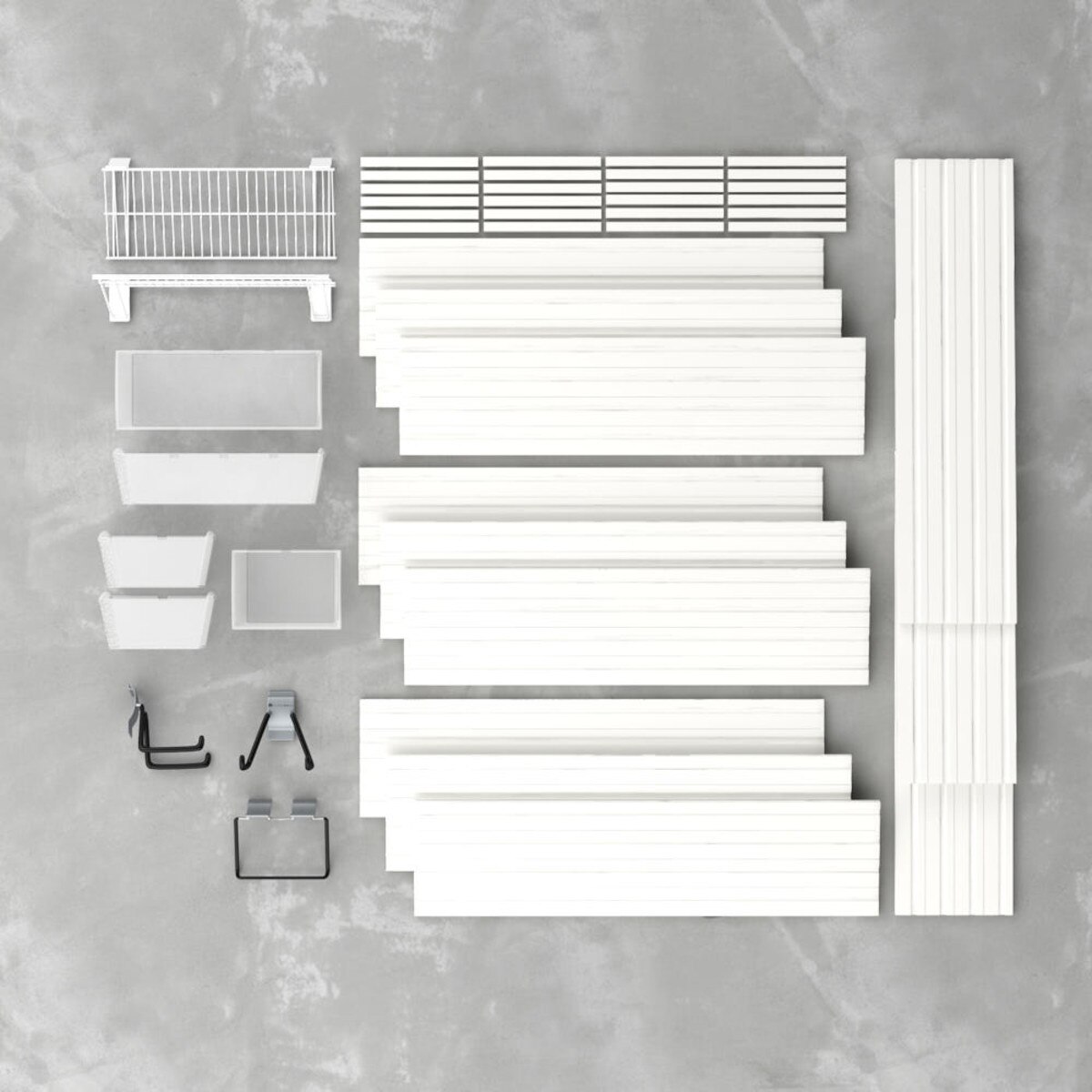 11 Piece Slatwall Panel, Shelf, Bin & Hook Storage Set - White Slatwall