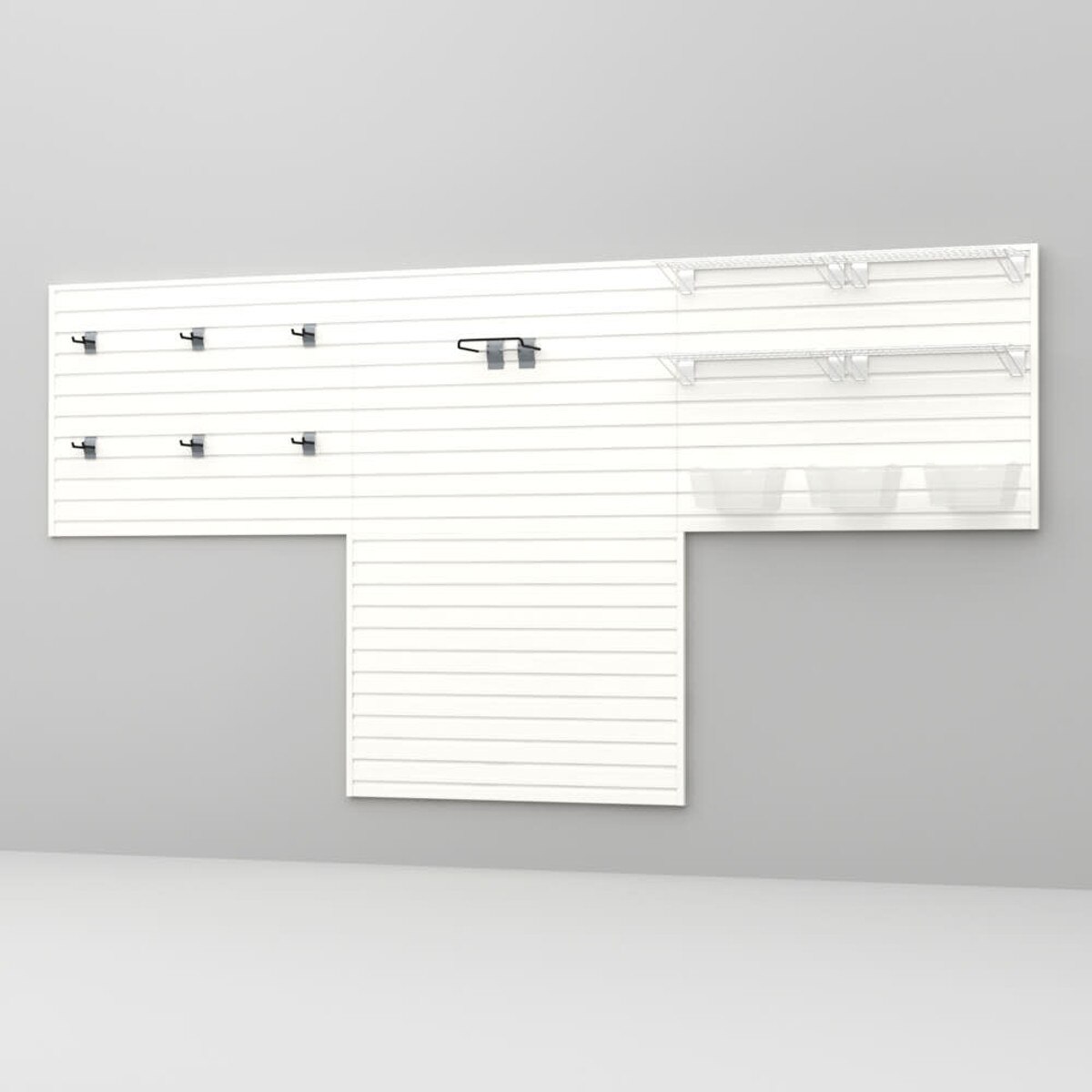 15 Piece Slatwall Panel, Shelf, Medium Bin & Hook Storage Set - White Slatwall