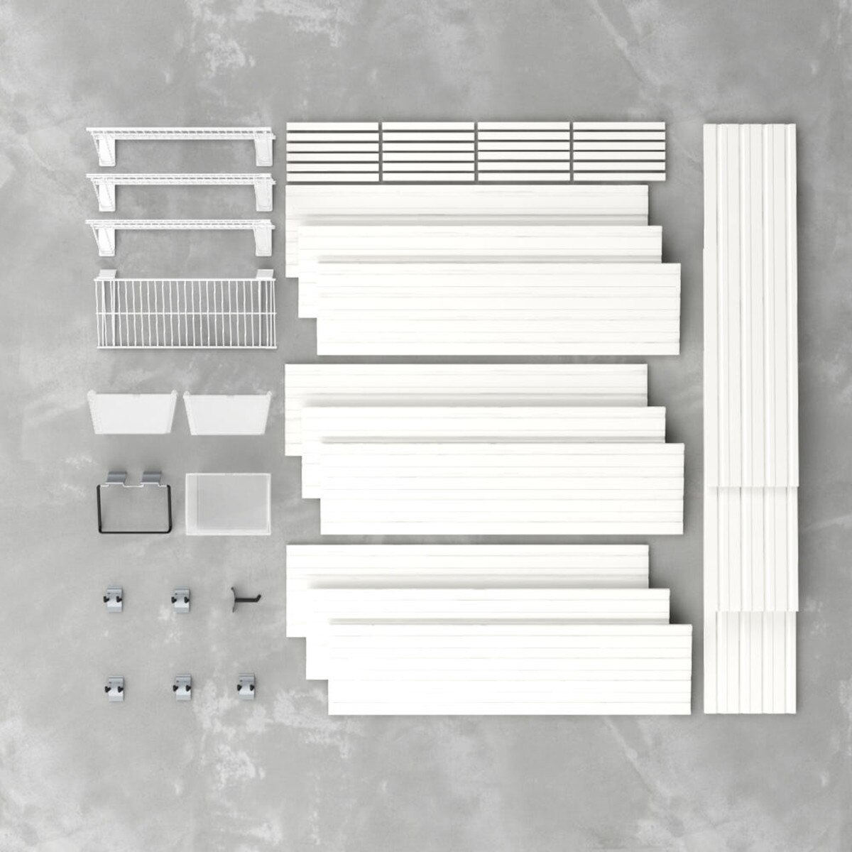 15 Piece Slatwall Panel, Shelf, Medium Bin & Hook Storage Set - White Slatwall
