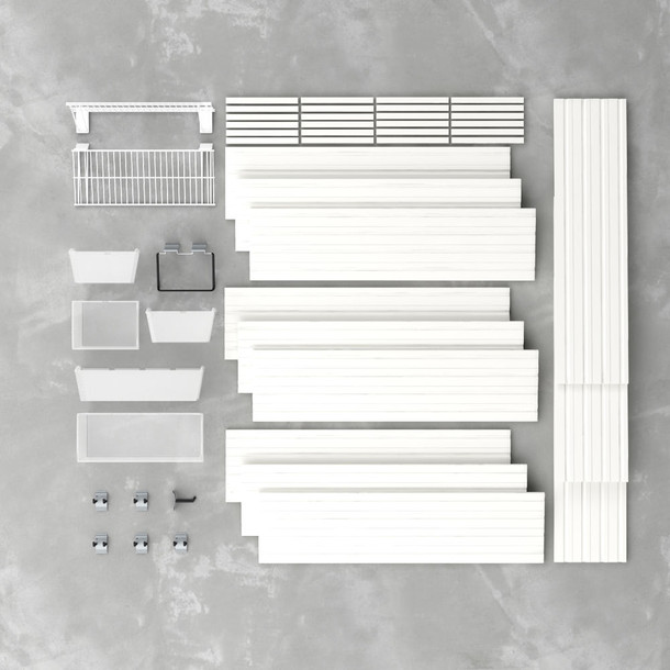 15 Piece Slatwall Panel, Bin, Shelf & Hook Storage Set - White Slatwall