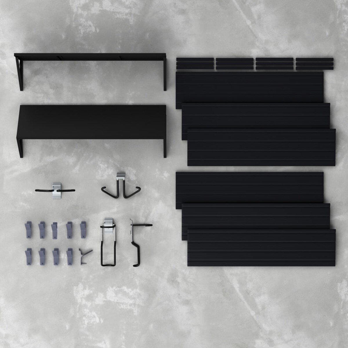 17 Piece Slatwall Panel, Heavy Duty Shelf, Sports Hook Storage Set - Black Slatwall