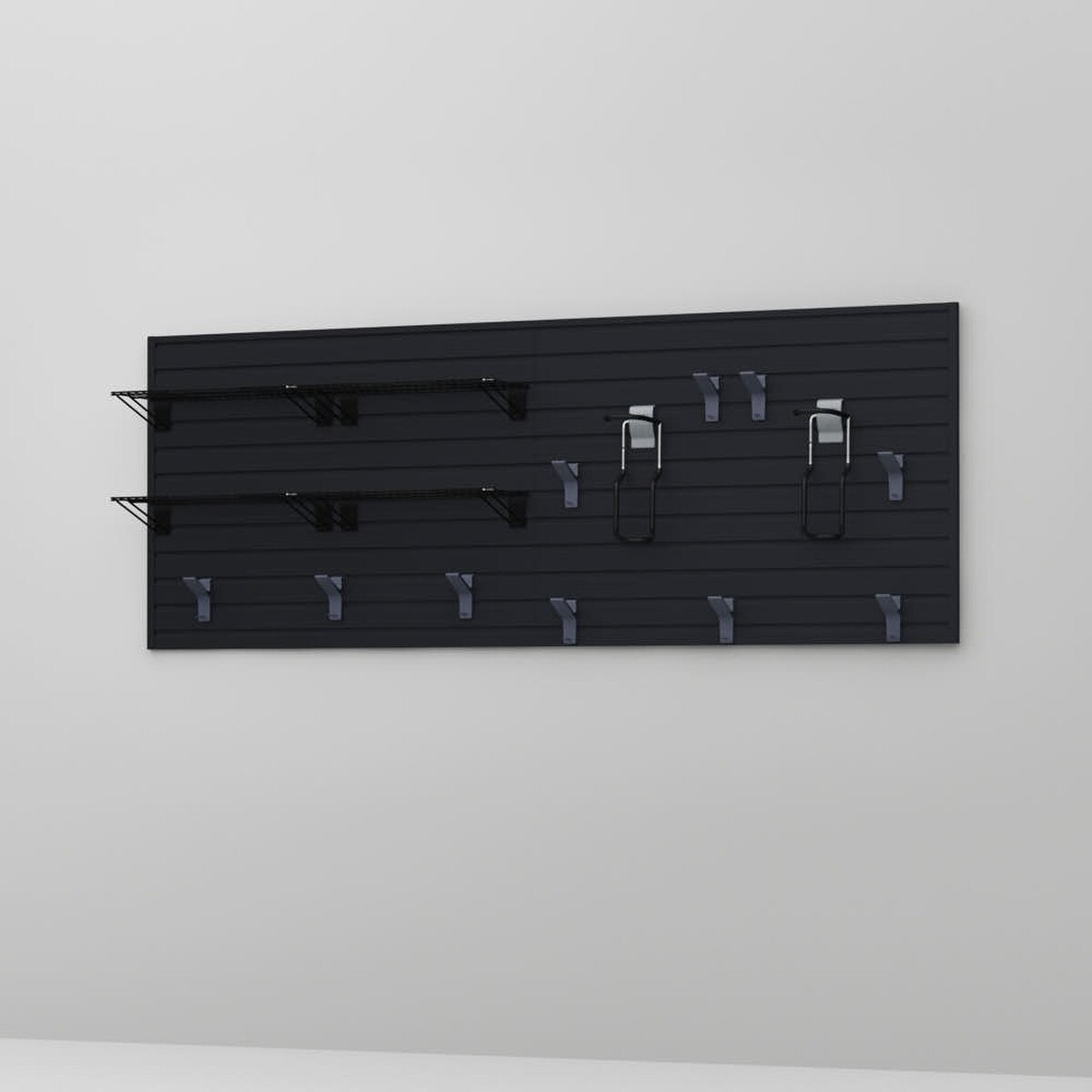 17 Piece Slatwall Panel, Shelf, Bike Hook Storage Set - Black Slatwall
