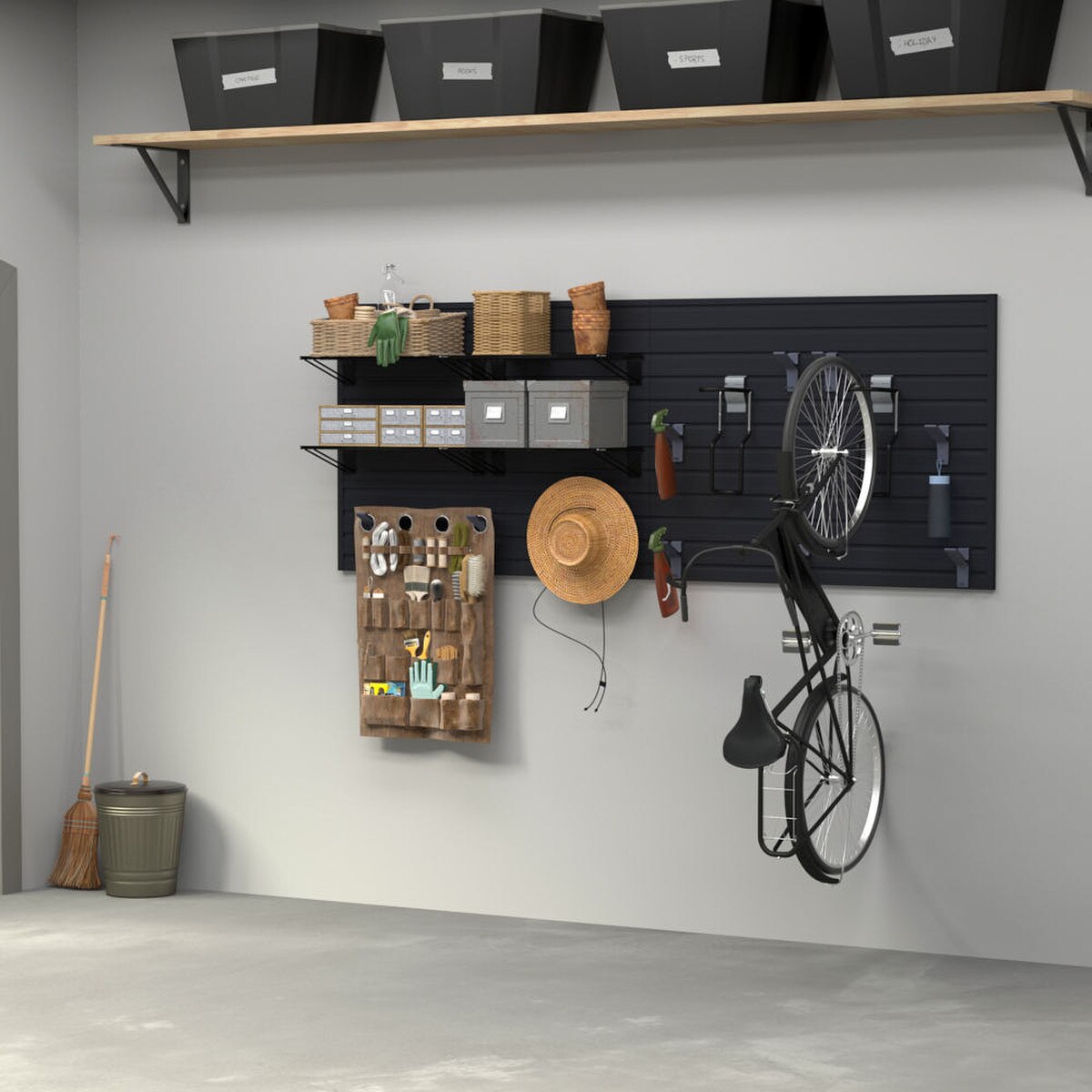 17 Piece Slatwall Panel, Shelf, Bike Hook Storage Set - Black Slatwall