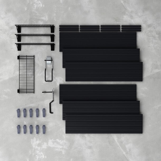 17 Piece Slatwall Panel, Shelf, Bike Hook Storage Set - Black Slatwall