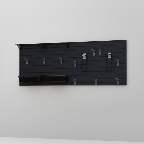 17 Piece Slatwall Panel, Shelf, Bin, Bike Hook Storage Set - Black Slatwall