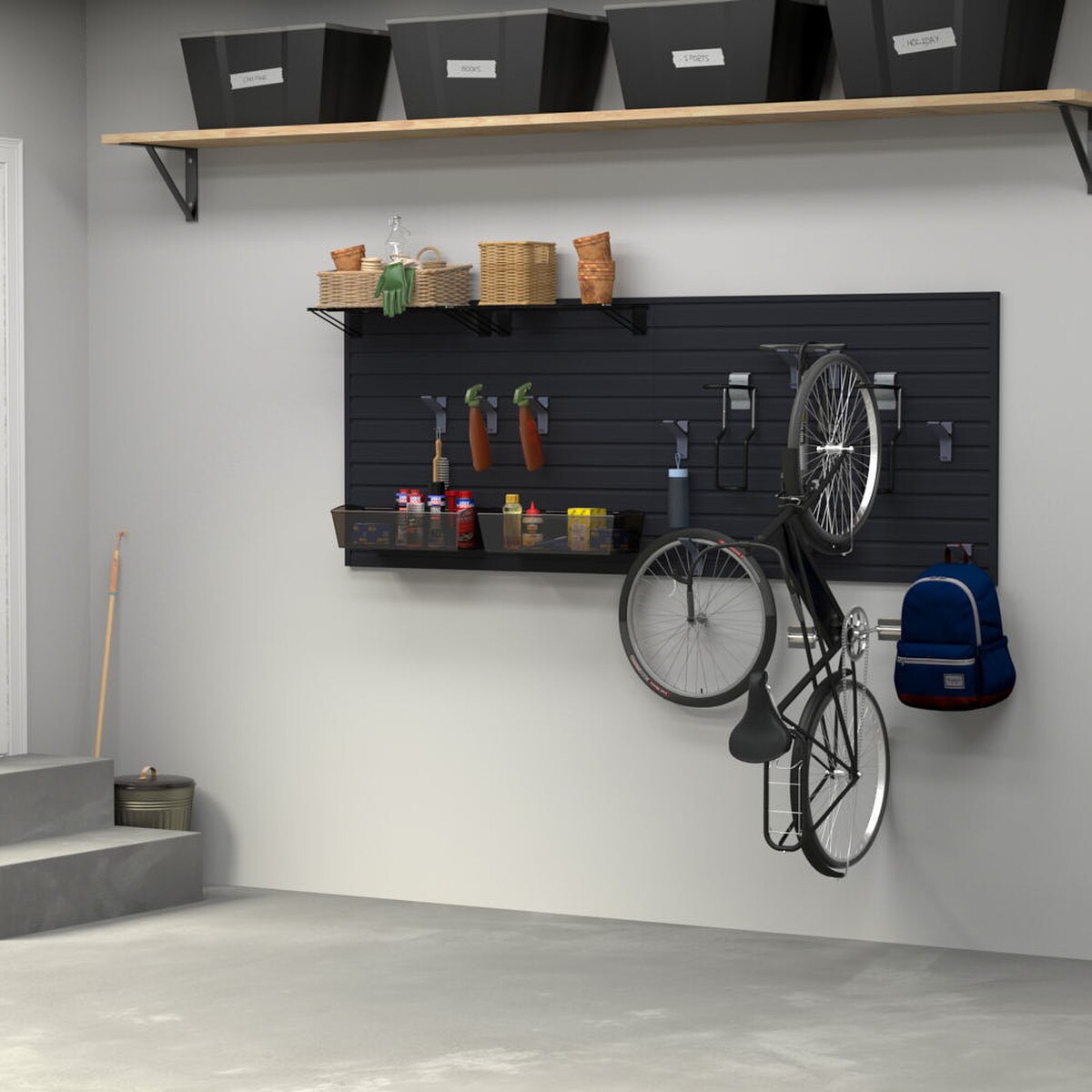 17 Piece Slatwall Panel, Shelf, Bin, Bike Hook Storage Set - Black Slatwall