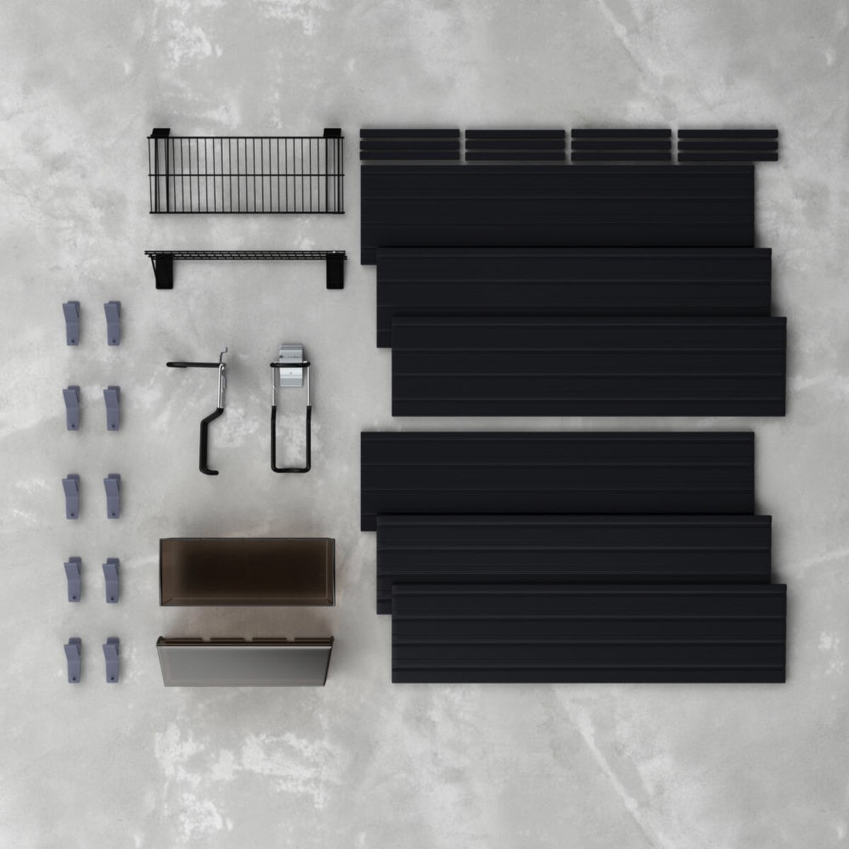 17 Piece Slatwall Panel, Shelf, Bin, Bike Hook Storage Set - Black Slatwall