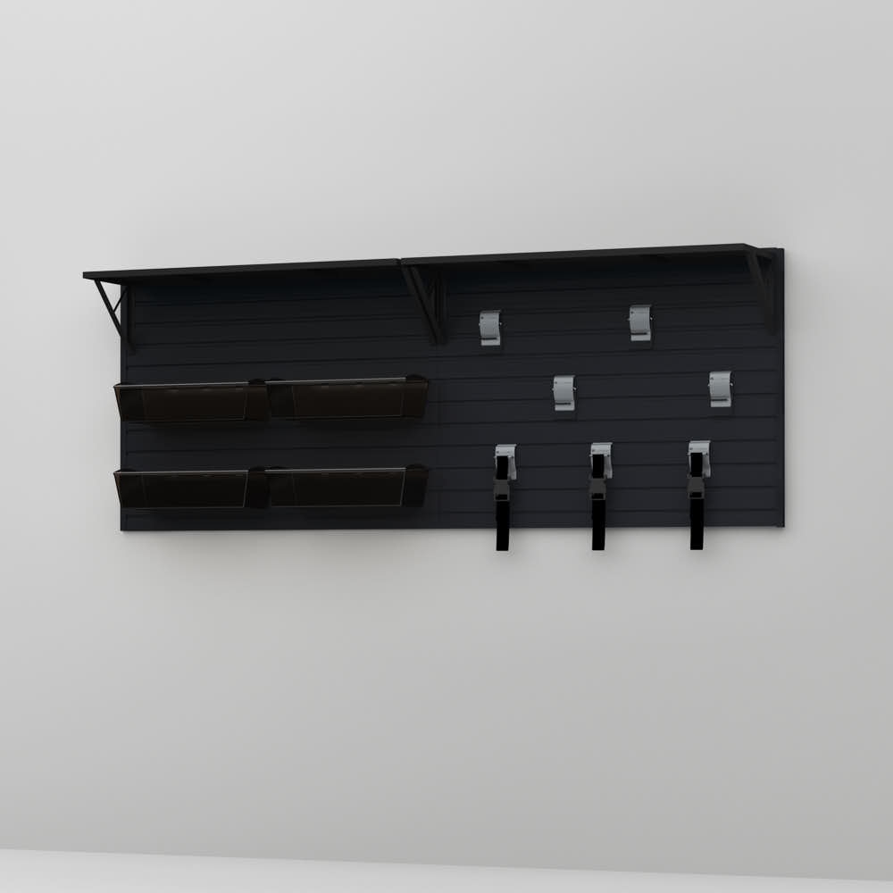 14 Piece Slatwall Panel; Heavy Duty Shelf; Bin; Hook Storage Set - Black Slatwall