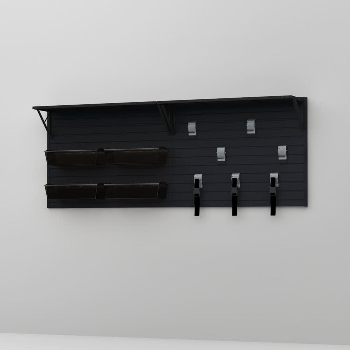 14 Piece Slatwall Panel, Heavy Duty Shelf, Bin, Hook Storage Set - Black Slatwall