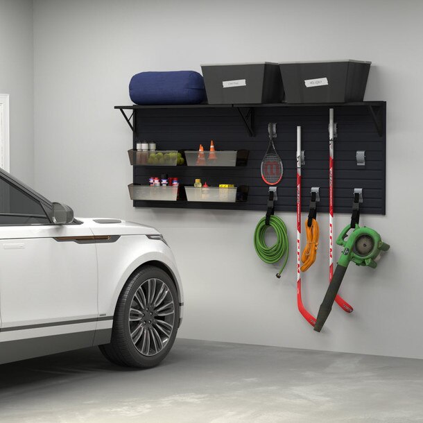 14 Piece Slatwall Panel, Heavy Duty Shelf, Bin, Hook Storage Set - Black Slatwall