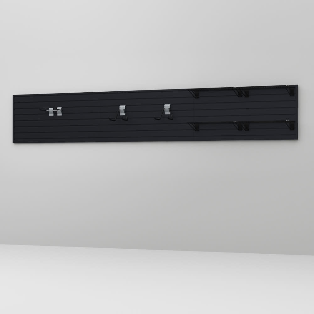 8 Piece Slatwall Panel; Shelf; Hook Storage Set - Black Slatwall