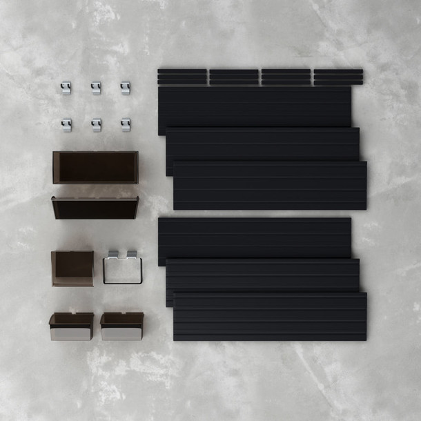 13 Piece Slatwall Panel, Bin & Hook Storage Set - Black Slatwall